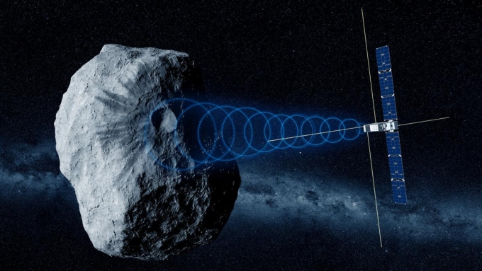 Artist's rendering of the measurements made by Juventas via its JuRa radar, probing the asteroid's internal structure. © ESA